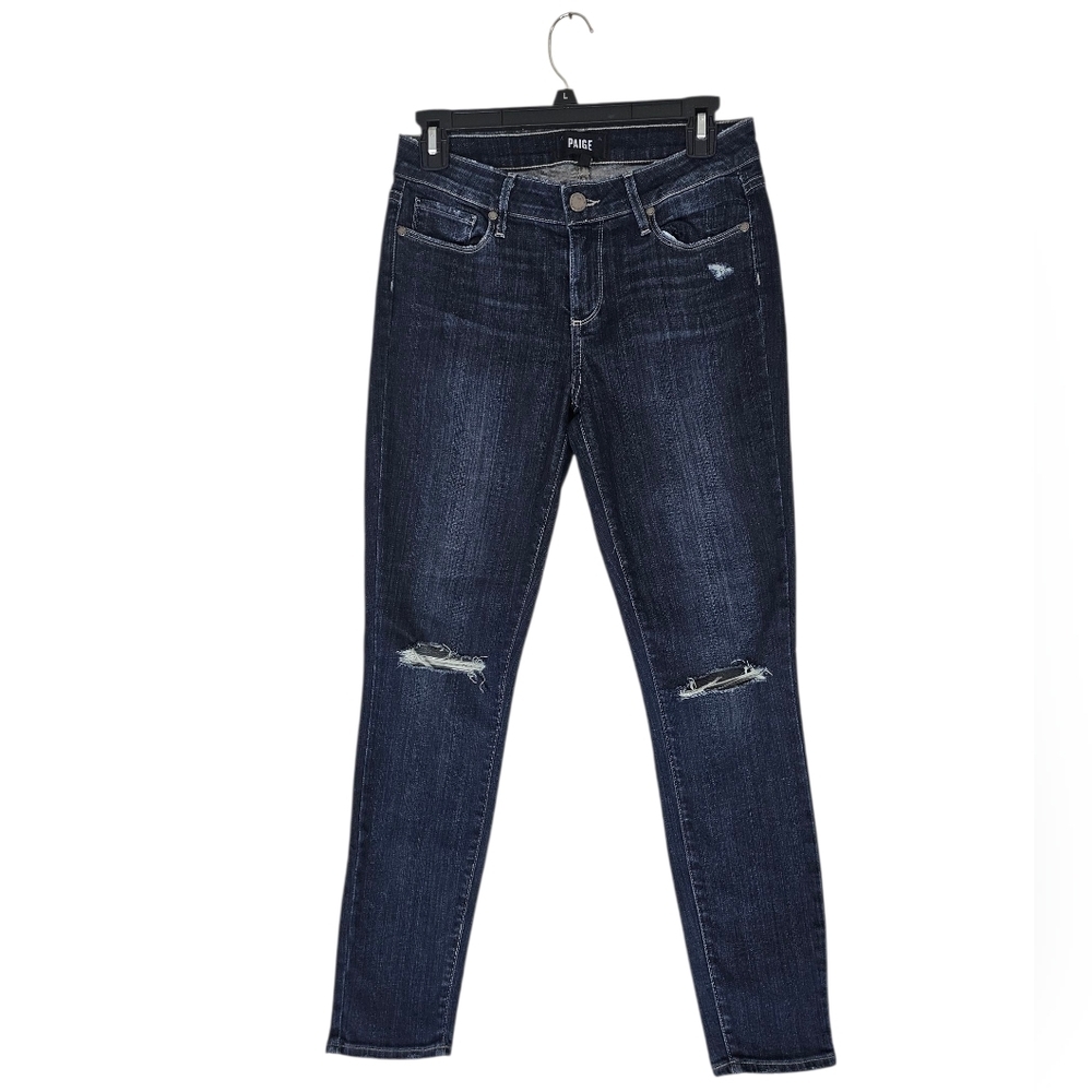 PAIGE Verdugo Ankle Distressed Mid Rise Dark Blue Skinny Jeans 28 Preowned